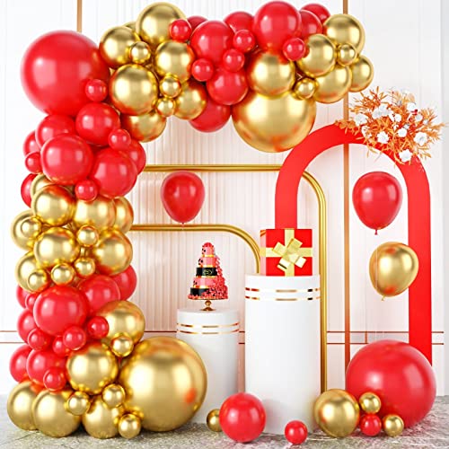 Luftballon Girlande Rot Gold, 100 Stück Metallic Gold Rot Ballon Girlande mit Metallic Gold Luftballons für Geburtstag Hochzeit Valentinstag Jubiläum Babyparty Brautparty Verlobung Partydekoration von KEPMOV