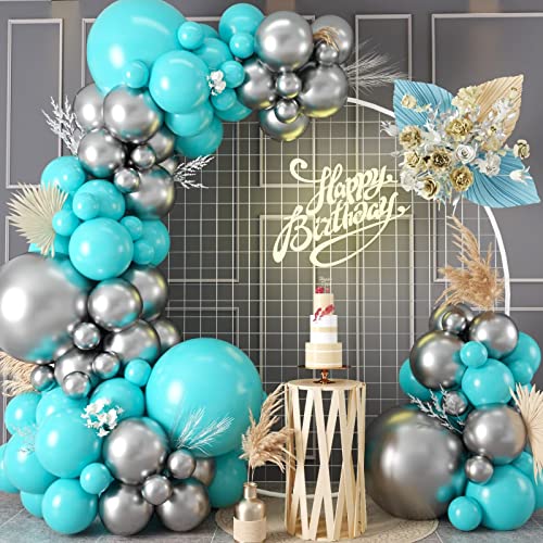 Luftballons Girlande Türkis Silber, 100 Stück Metallic Silber Blau Ballon Girlande mit Türkis Latex Metallic Silber Luftballons für Mädchen Geburtstag Hochzeit Junggesellinnenabschied Party Deko von KEPMOV