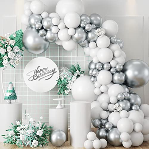 Luftballons Girlande Silber Weiß, 100 Stück Weiß Metallic Silber Ballon Girlande mit Weiß Latex Metallic Silber Luftballon für Mädchen Geburtstag Hochzeit Junggesellinnenabschied Partydekoration von KEPMOV