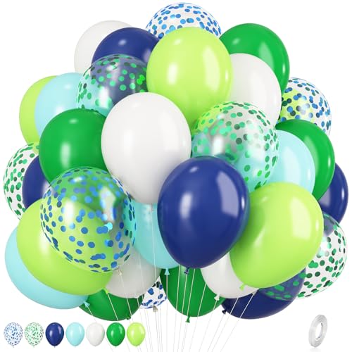 Luftballons Grün Blau, 12 Zoll Dunkelgrün Frucht Grün Marineblau Latexballons, Teal Blau Weiße Ballons mit Grün Blau Konfetti Ballons für Fußball Dinosaurier Dschungel Safari Themen Geburtstag von KEPMOV