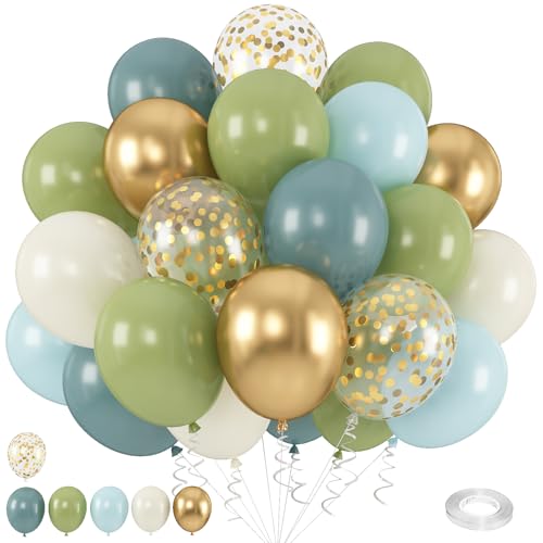 Luftballons Grün Blau Gold Beige, 60 Stück 12 Zoll Salbeigrün Pastell Grün Retro Slate Blau Biege Luftballons mit Metallic Gold Konfetti Ballons für Geburtstag Dschungel Safari Hochzeit Verlobung von KEPMOV