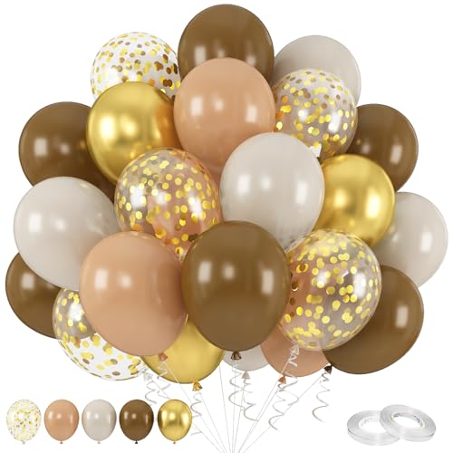 Luftballons Braun Gold, 60 Stück 12 Zoll Braun Sand Weiß Nude Ballon Set mit Metallic Gold Konfetti Ballons, Beige Neutral Helium Luftballons für Geburtstag Graduierung Jahrestag Party Dekorationen von KEPMOV