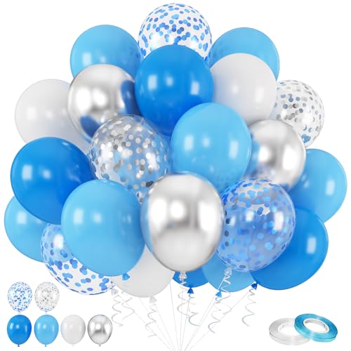 Luftballons Blau Silber, 60 Stück 12 Zoll Blau Silber und Weiß Ballon mit Metallic Chrom Silber Blau Konfetti Luftballons Latex Helium Party Ballons für Geburtstag Hochzeit Graduierung Dekorationen von KEPMOV