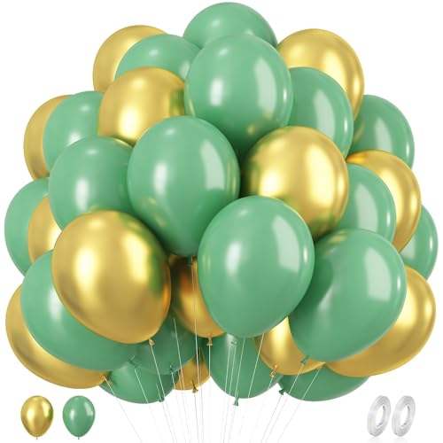 Luftballons Grün Gold, 60 Stück Luftballons Salbeigrün Metallic Gold Luftballons, 12 Zoll Sage Olive Grün Gold Helium Ballons für Dschungel Safari Geburtstag Hochzeit Jubiläum Party Dekorations von KEPMOV