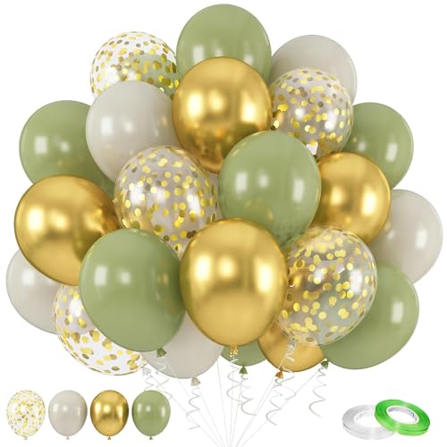 Luftballons Salbeigrün Gold, 60 Stück 12 Zoll Salbei Grün Weiß Sand Ballon Set mit Metallic Chrom Gold Konfetti Latex Helium Ballons für Dschungel Safari Wald Thema Geburtstag Graduierung Party von KEPMOV