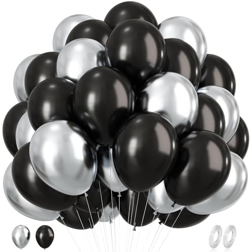 Luftballons Schwarz Silber, 60 Stück 12 Zoll Schwarz Silber Ballons mit Metallic Silber Luftballons für Geburtstag Hochzeit Jubiläum Graduierung Brautparty Verlobung Halloween Partydekorations von KEPMOV