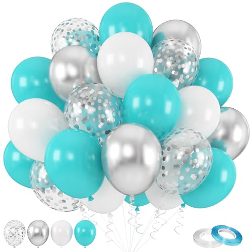 Luftballons Türkis Silber, 60 Stück 12 Zoll Turquoise Weiß Teal Blau Ballon Set mit Metallic Silber Konfetti Ballons für Geburtstag Baby Dusche Hochzeit Braut Dusche Jahrestag Party Dekorationen von KEPMOV