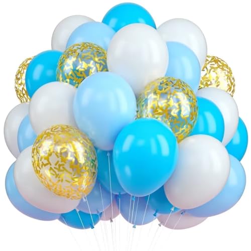 QQ Luftballons Blau Weiß Gold, 60 Stück 12 Zoll Macaron Blau Hellblau Weiß Latex Party Ballon Set mit Gold Konfetti Pastell Baby Blaue Ballons für Baby Shower Geburtstag Hochzeit Graduation Party von KEPMOV