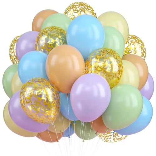 QQ Luftballons Pastell, 60 Stück 12 Zoll Macaron Blau Grün Rosa Lila Gelb Luftballons mit Gold Konfetti Ballon, Pastell Regenbogen Mehrfarbig Assorted Ballons für Geburtstag Baby Dusche Hochzeit Party von KEPMOV