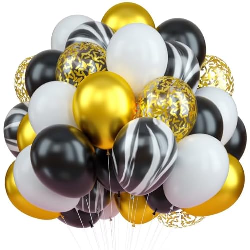 QQ Luftballons Schwarz Gold, 60 Stück Schwarz Weiß Achat Marmor Ballons Set mit Metallic Gold Konfetti Ballon, Latex Helium Ballons für Geburtstag Hochzeit Graduierung Jahrestag Party Dekorationen von KEPMOV