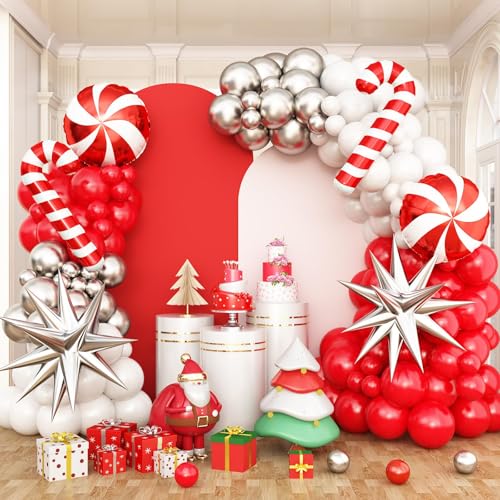 Weihnachten Luftballon Girlande, Rot Weiß Ballon Girlande mit Metallic Silber Ballons, Zuckerstange, Explosionsstern und Candy Folienballons, Perfekt für Weihnachten, Feiertage und Partys von KEPMOV