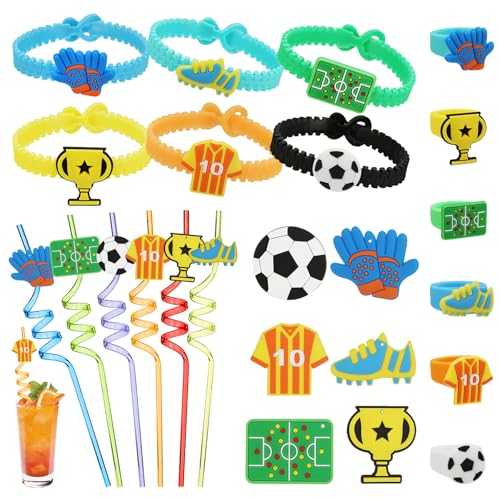 KERANEET 24 Stück Fußball Mitgebsel Kindergeburtstag Fußball Party Mitgebsel Kinder Fußball Schnapparmband Fußball Ringe Fußball Broschen Fußball Strohhalme Fussball Geburtstag Deko Junge für Mädchen von KERANEET