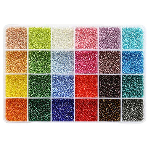 KERGAEN Glasperlen, 2 mm, silberfarben, ca. 24000 Stück in Aufbewahrungsbox, 12/0 kleine Rocailles für die Schmuckherstellung (1000 Stück pro Farbe, 24 Farben) von KERGAEN