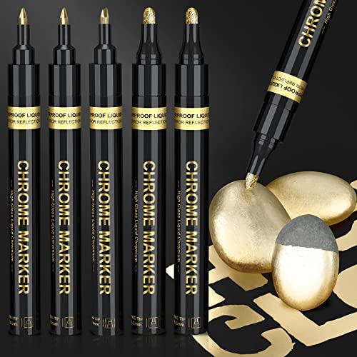 KERIFI Flüssige Gold Chrom Marker, Super Goldene Metallic Stifte, Reflektierende Permanente für Modellreparatur, Resin, Metall, Glas, Kunststoff, DIY Kunstprojekte und Basteln (5 Pack, 1-3mm) von KERIFI