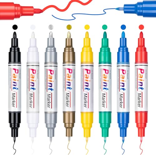 KERIFI Permanent Marker Wasserfest: 8 Dual Tip Wasserfeste Stifte Marker Stifte Set(0.7mm & 3mm), Lackstift Glasstift Permanent Marker Fein für Steine Bemalen, Holz Glas Keramik Metall Stoff Reifen von KERIFI