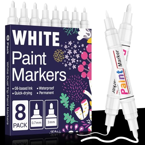 KERIFI Permanent Marker Wasserfeste Stifte, 8 Lackstift Weiß Wasserfest, Schnell Trocknender Paint Pen für Steine Bemalen Metall Kunststoff Reifen Schwarzes Papier Holz Keramik Glas Stoff 0.7mm & 3mm von KERIFI