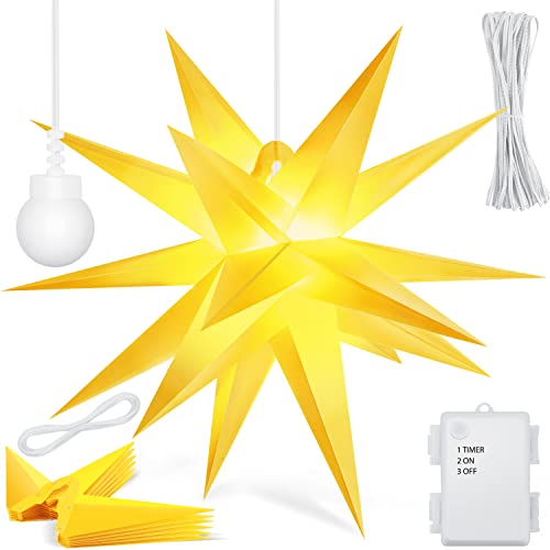 KESSER® 35cm Leuchtstern 3D, LED Weihnachtsstern mit Timer für innen und außen, Adventsstern Beleuchtet hängend Gelb Stern + Warmweiß Licht von KESSER