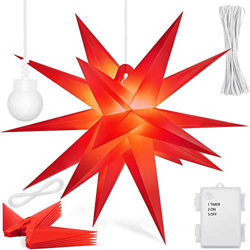 KESSER® 35cm Leuchtstern 3D, LED Weihnachtsstern mit Timer für innen und außen, Adventsstern Beleuchtet hängend Rot Stern + Warmweiß Licht von KESSER