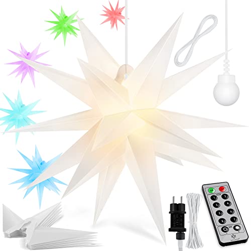 KESSER® 45cm Leuchtstern 3D, LED Weihnachtsstern mit Fernbedienung Farbwechselmodus Timer für innen und außen, Adventsstern Beleuchtet hängend Bunt Stern + Warmweiß Licht von KESSER