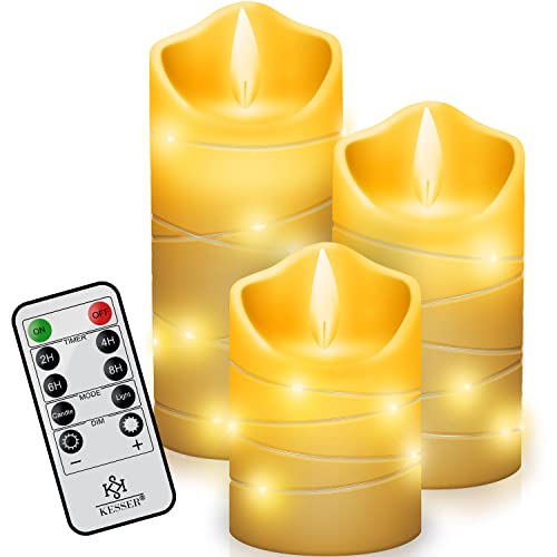 KESSER® LED Kerzen 3er Set Flammenlose Kerze Timerfunktion Timer Echtwachskerze 10cm 12,5cm 15cm Hoch Realistisch Flackernde Flacker-Licht Led-Flammen Echtwachs Deko Traditionell von KESSER