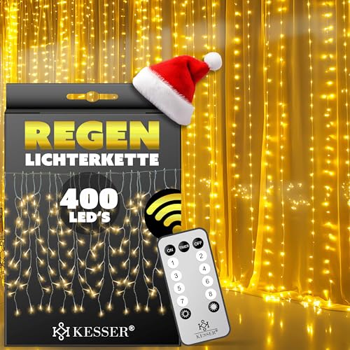 KESSER® Lichtervorhang 400 LED Lichterkette mit Fernbedienung | 8 Leuchteffekte & Timer & Dimmfunktion | In- & Outdoor Regenkette für Innen- und Außen Lichter-Vorhang Eisregen Beleuchtung Warmweiß von KESSER