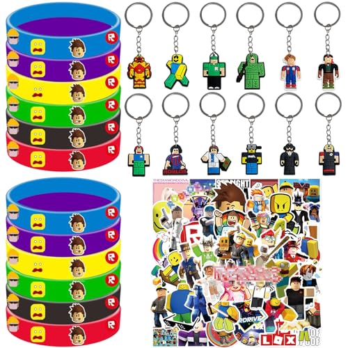 KEVRDRT 74 Pcs R-oblox Party Mitgebsel, kindergeburtstag gastgeschenke set mit R-oblox Schlüsselanhänger Aufkleber Silikon Armbänder, Spielzeug Set für Party Zubehö, Give Aways Kindergeburtstag von KEVRDRT