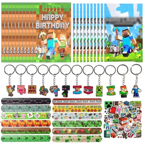 Miner Videospiel Party Mitgebsel, 94 Pcs Miner Kindergeburtstag Gastgeschenke mit Spiel Armbänder Schlüsselanhänger Geschenktüten Aufkleber, Gamer Theme Party Zubehör, Pixel Party Mitgebsel Kinder von KEVRDRT