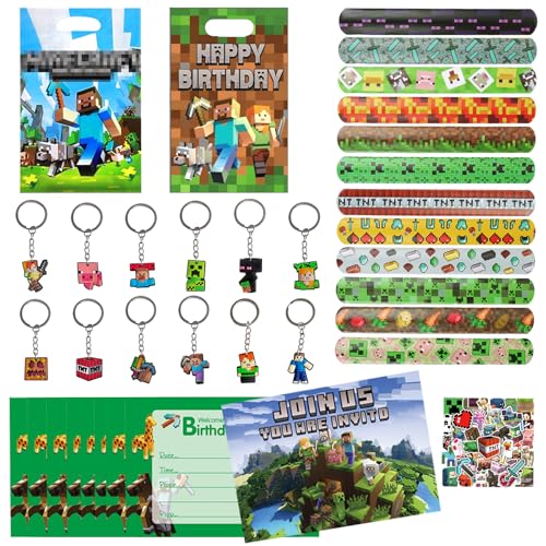 Videospiel Party Mitgebsel, 106 Pcs Miner Kindergeburtstag Gastgeschenke mit Einladungskarten Armbänder Schlüsselanhänger Geschenktüten Aufkleber, Give Aways Mitgebsel Kindergeburtstag für Jungen von KEVRDRT