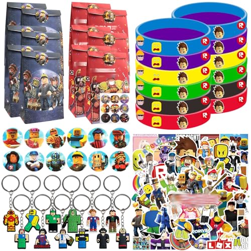 Videospiel Party Mitgebsel Kindergeburtstag, 98 Pcs R-oblox Kindergeburtstag Gastgeschenke, Give Aways Kindergeburtstag mit R-oblox Armbänder Schlüsselanhänger Aufkleber Geschenktüten Anstecker von KEVRDRT