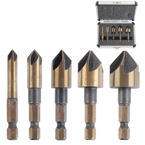 KEWAYO 5 Stück Senker Bohrer Set für Metall, Kegelsenker 82°, Senker und Entgrater Set 6-19MM für Metall,5-schneidiges Senker-Bit-Set mit Tragetasche für Metall, Holz, Versenker, Holzsenker von KEWAYO