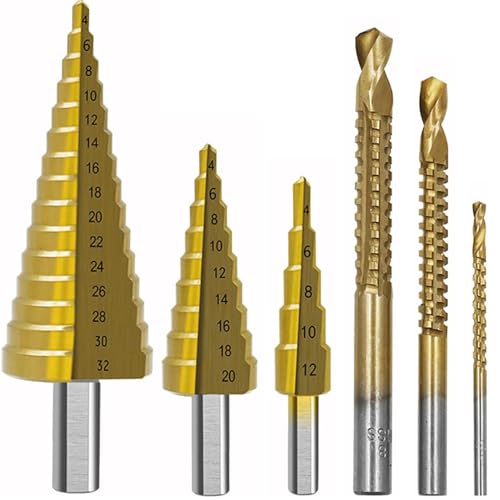 KEWAYO 6-teiliges Titanbeschichtetes Bohrerset HSS Stufenbohrer Set 3-teilig 4-12/20/32mm Metallloch konisches Bohren Holz 3,6,8 Bohrer für Säge von KEWAYO