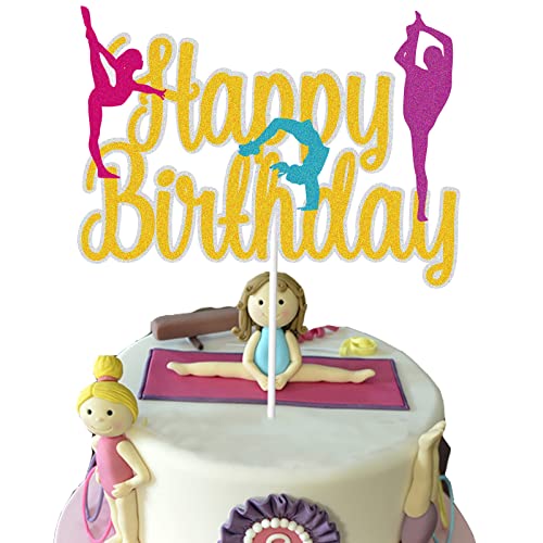 KEWEYA Gymnastik Happy Birthday Kuchen Topper Gold Glitzer Gymnastik Sport Thema Geburtstag Party Dekoration Turnerin Kuchen Dekor Zubehör für Frauen Mädchen von KEWEYA