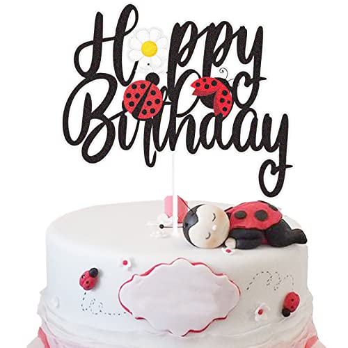 Ladybug Happy Birthday Kuchenaufsatz Schwarz Glitzer Garten Käfer Kleine Marienkäfer Geburtstagstorte Dekor Gänseblümchen Frühling Marienkäfer Thema Geburtstag Party Zubehör für Mädchen von KEWEYA