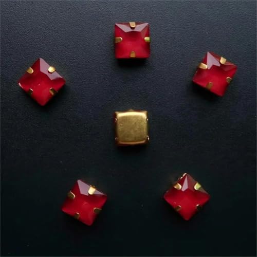 50 Stück 8 mm quadratische Glaskristallperlen, goldene Krallenfassungen zum Aufnähen auf Strasssteine, DIY-Besatz, Montana 8 mm, 50 Stück-8 mm, 50 Stück-8, Rot von KEWPLW