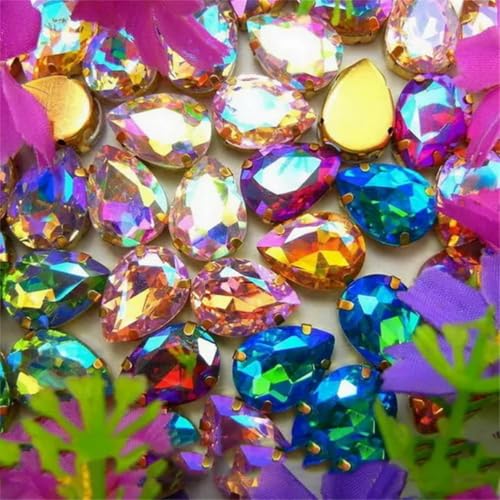 AB-Farben, goldene Krappenfassungen zum Aufnähen, Strass-Perlen, Wassertropfen, Glaskristall-Applikation, 3 Pink AB, 6 x 8 mm, 50 Stück – 4 x 6 mm, 50 Stück – 6 AB-Farben-Mix von KEWPLW