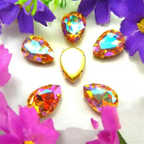 AB-Farben, goldene Krappenfassungen zum Aufnähen von Strassperlen, Wassertropfen, Glaskristall-Applikation 3, Pink AB, 6 x 8 mm, 50 Stück – 6 x 8 mm, 50 Stück – Topas AB von KEWPLW