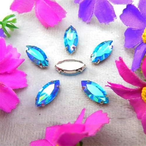 AB-Farben, silberne Krappenfassungen, Strass-Perlen in Navett-Form zum Aufnähen auf Glaskristall, DIY-Applikation, 3 Jonquil AB, 13 x 27 mm, 10 Stück – 4 x 8 mm, 50 Stück – 0 Aquamarin AB von KEWPLW