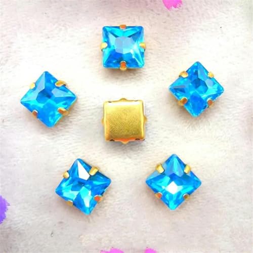 Goldfarbene Krappenfassungen, Glaskristall-Farbmischung, quadratische Form, zum Aufnähen von Strassperlen, DIY-Applikation, 5 Rot AB, 10 mm, 20 Stück – 8 mm, 50 Stück – Aquamarin von KEWPLW