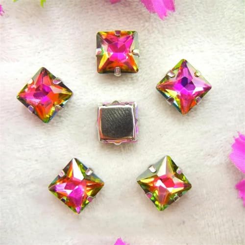 Silberne Krappenfassungen aus Glaskristall, ausgefallene Farben, quadratische Form, zum Aufnähen von Strassperlen, DIY-Besatz, 9 Pink AB, 12 mm, 20 Stück – 8 mm, 50 Stück – 1 Regenbogen von KEWPLW