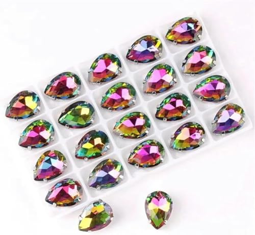 Silberne Krappenfassungen in Wassertropfenform zum Aufnähen, Strass, Regenbogen, Jelly AB, Glaskristall, DIY-Besatz, 1 Saphir AB, 7 x 10 mm, 50 Stück – 13 x 18 mm, 20 Stück – Regenbogen von KEWPLW