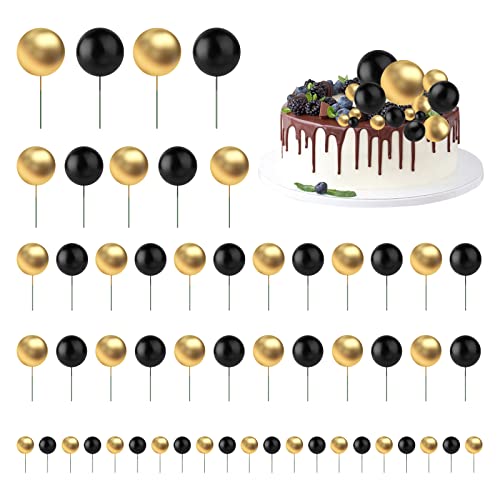 KEWUZY 50 Stück Tortendeko Kugeln, Kuchen Dekoration Kugel, Tortendeko Kugel Gold und Schwarz, Schaumkugeln Cupcake Topper, DIY Kuchen Topper für Geburtstag Hochzeit Babyparty von KEWUZY