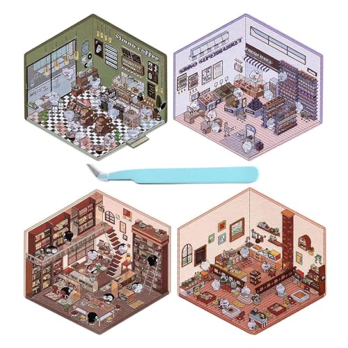 4 Sets DIY 3D House Stickers, DIY 3D Sticker Scene, 3D Sticker Scenes for Adults, Cute Korean Cartoon Scene Stickers for Adult Kids, DIY Scene Stickers Your Own Supermarket|Coffee Shop (4pcs) von KEYGEM