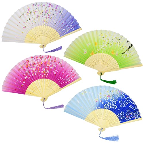 AWCIGG 4 Stück Fächer Handfächer Holz Seide Stoff Faltfächer Chinesische Stil mit Quaste Fächer Groß Klein für Hochzeit Gäste Kinder Damen Mädchen Sommer Folding Hand Fan Asiatische Deko von AWCIGG