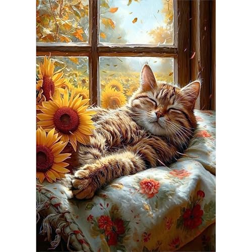 KEYIFA 5D Diamond Painting Zubehör Sonnen Blume Katze, Crystal Art Foto Bastelset Diamond Painting Erwachsene, DIY Vollbohrer Katze Bilder Diamond Painting Set, Home Wand Dekor 30x40CM von KEYIFA