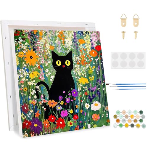 KEYIFA Malen Nach Zahlen Erwachsene, Malen Nach Zahlen Kits mit Pinseln und Acrylfarben Schwarze Katze, DIY Ölgemälde Set Malen Basteln Leinwand Bild Erwachsene, Home Deko 30x30cm von KEYIFA