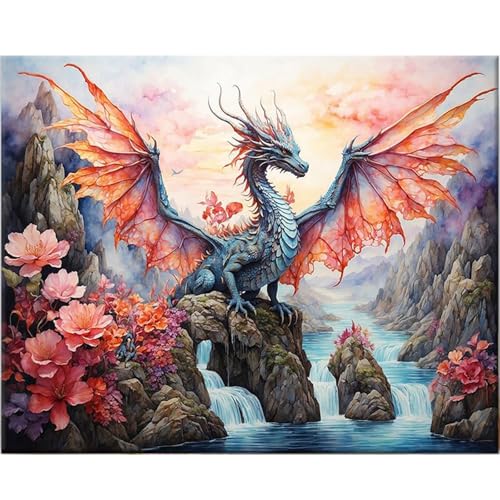 KEYIFA Malen Nach Zahlen Erwachsene Geflügelter Drache, Malen Nach Zahlen Kits mit Pinseln und Acrylfarben, DIY Ölgemälde Set Malen Basteln Leinwand Bild Erwachsene, Home Deko 50x40CM von KEYIFA