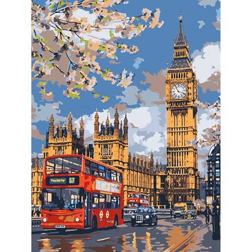 KEYIFA Malen Nach Zahlen Erwachsene Londoner Straße, Malen Nach Zahlen Kits mit Pinseln und Acrylfarben, DIY Ölgemälde Set Malen Basteln Leinwand Bild Erwachsene, Landschaft Home Deko 30x40CM von KEYIFA