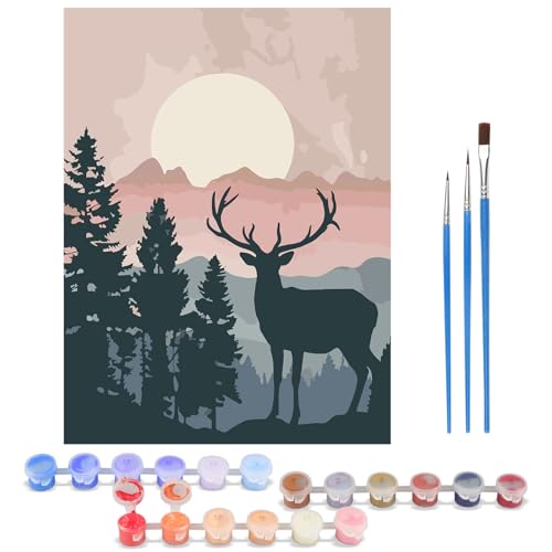 KEYIFA Malen Nach Zahlen Erwachsene Wald Hirsch, Malen Nach Zahlen Kits mit Pinseln und Acrylfarben, DIY Ölgemälde Set Malen Basteln Leinwand Bild Erwachsene, Home Deko 30x40CM von KEYIFA