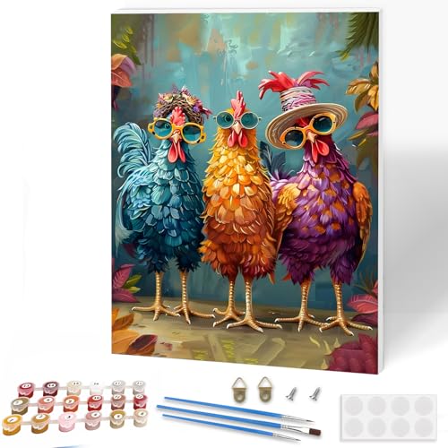 KEYIFA Malen Nach Zahlen Erwachsene mit Rahmen, Buntes Huhn Malen Nach Zahlen Kits mit Pinseln und Acrylfarben, DIY Ölgemälde Set Malen Basteln Leinwand Bild Erwachsene, Home Deko 30x40cm von KEYIFA