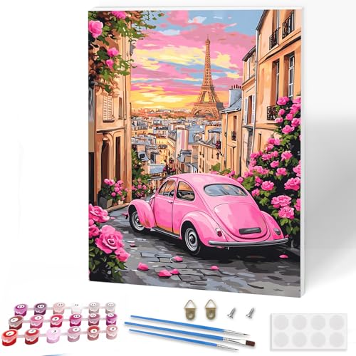 KEYIFA Malen Nach Zahlen Erwachsene mit Rahmen, Rosa Auto Malen Nach Zahlen Kits mit Pinseln und Acrylfarben, DIY Straßen Ölgemälde Set Malen Basteln Leinwand Bild Erwachsene, Home Deko 30x40cm von KEYIFA